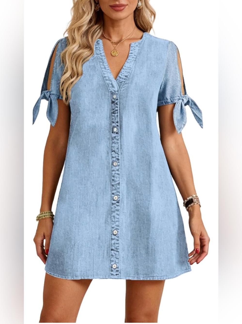 NWT Denim tied sleeves button down dress with pockets